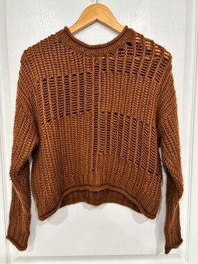Silverflint Rust Brown Open Knit Cropped Crewneck Sweater Women Size S